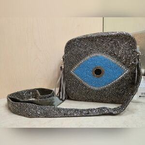 MOYNA Silver Beaded Eye Square Crossbody Bag, 6" x 6"